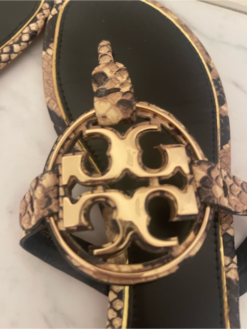 Tory Burch Black & Gold Snake-Print Logo Thong Sandals - Picture 8 of 16